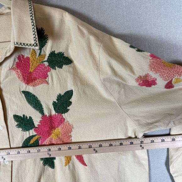 Sezane Maxy Top Shirt Oversized Beige Fits 16 & Up Floral Embroidered Button Up - Picture 6 of 15